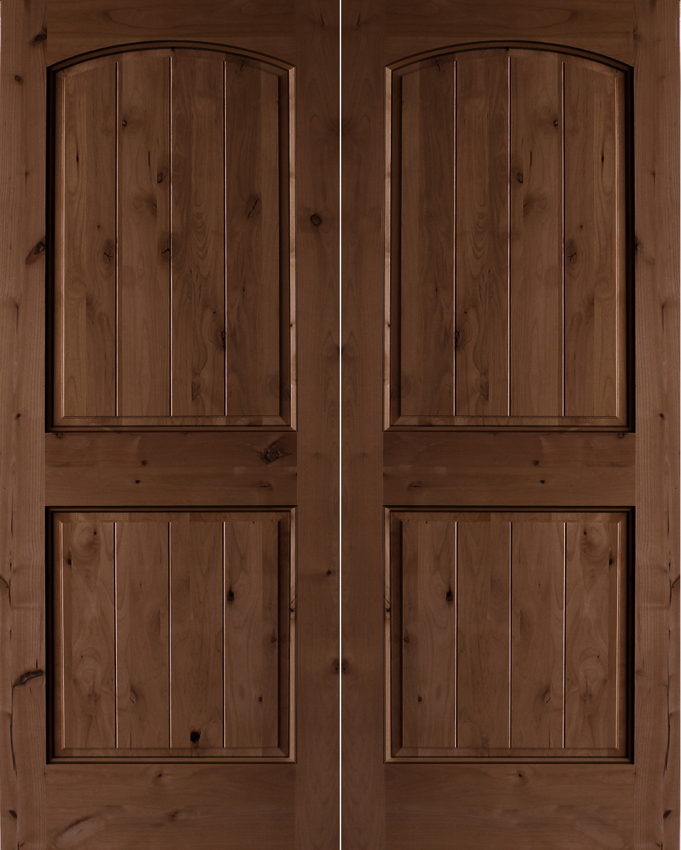 2-Panel Knotty Alder Interior Door with Planks and Top Rail Arch